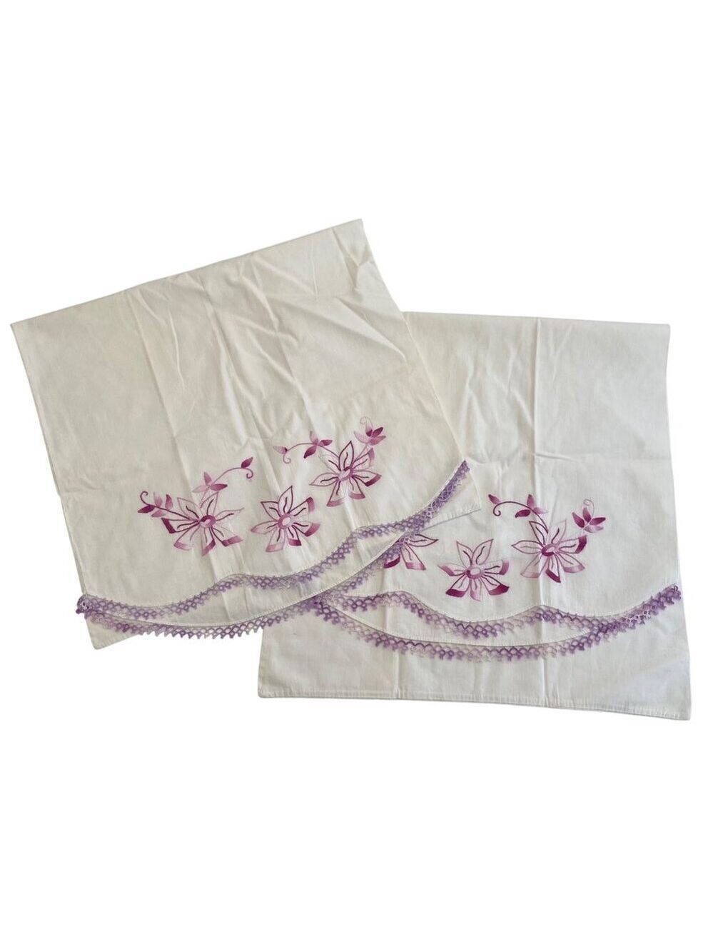 Vintage White Pillowcases With Purple Floral Embroidery & Crochet Trims scallop